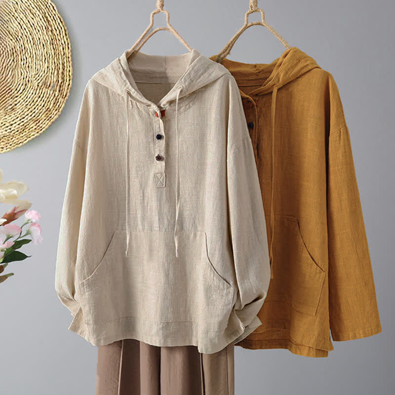 Rest Nest Women's Plain Buttons Design Long Sleeve Hoodie With Pockets