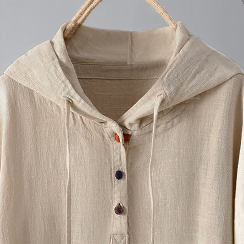 Rest Nest Women's Plain Buttons Design Long Sleeve Hoodie With Pockets