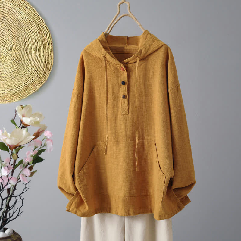 Rest Nest Women's Plain Buttons Design Long Sleeve Hoodie With Pockets