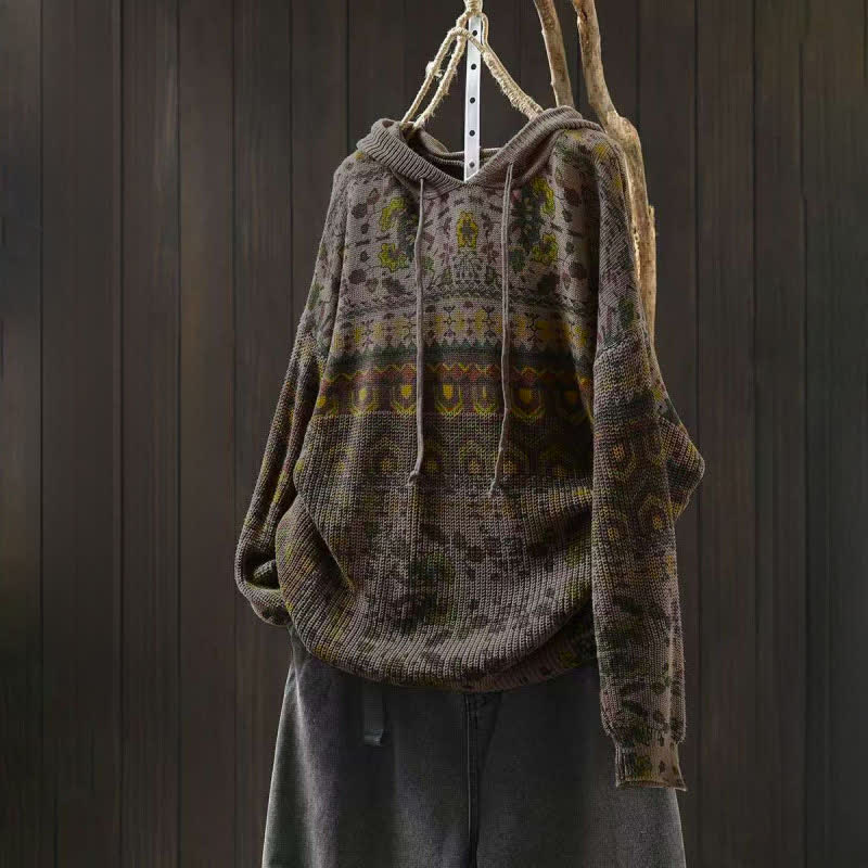 Rest Nest Fall Striped Geometric Flowers Cotton Women's Long Sleeve Pullover Knitted Hoodie