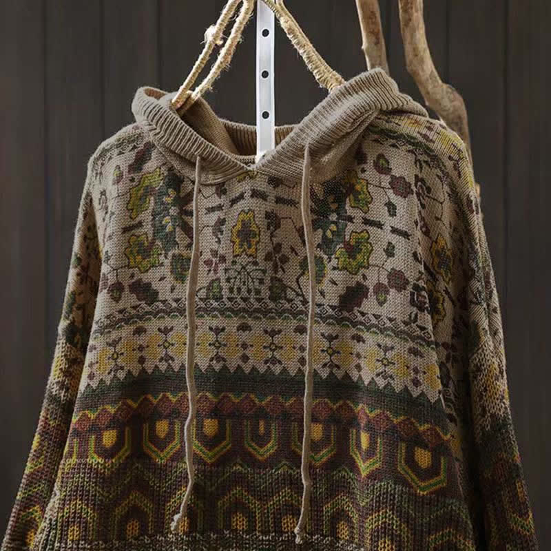 Rest Nest Fall Striped Geometric Flowers Cotton Women's Long Sleeve Pullover Knitted Hoodie
