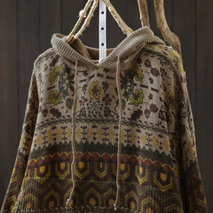 Rest Nest Fall Striped Geometric Flowers Cotton Women's Long Sleeve Pullover Knitted Hoodie