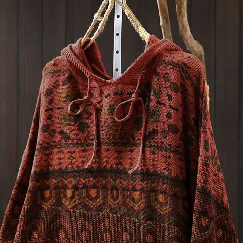 Rest Nest Fall Striped Geometric Flowers Cotton Women's Long Sleeve Pullover Knitted Hoodie