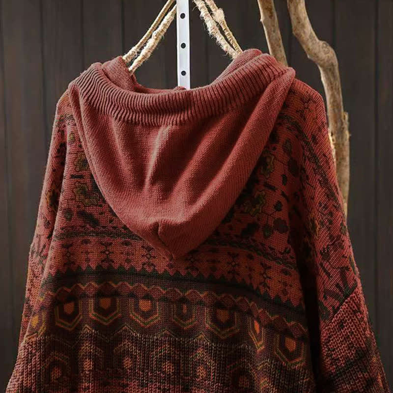 Rest Nest Fall Striped Geometric Flowers Cotton Women's Long Sleeve Pullover Knitted Hoodie