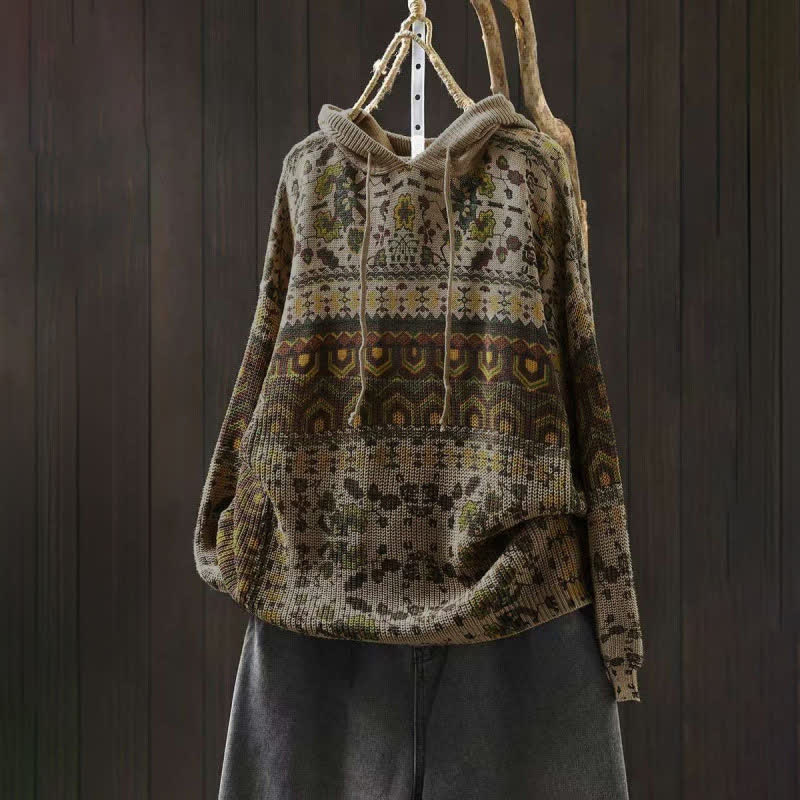 Rest Nest Fall Striped Geometric Flowers Cotton Women's Long Sleeve Pullover Knitted Hoodie