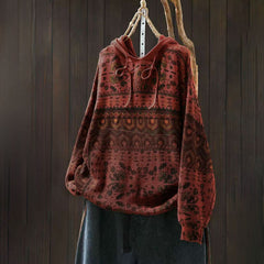 Rest Nest Fall Striped Geometric Flowers Cotton Women's Long Sleeve Pullover Knitted Hoodie