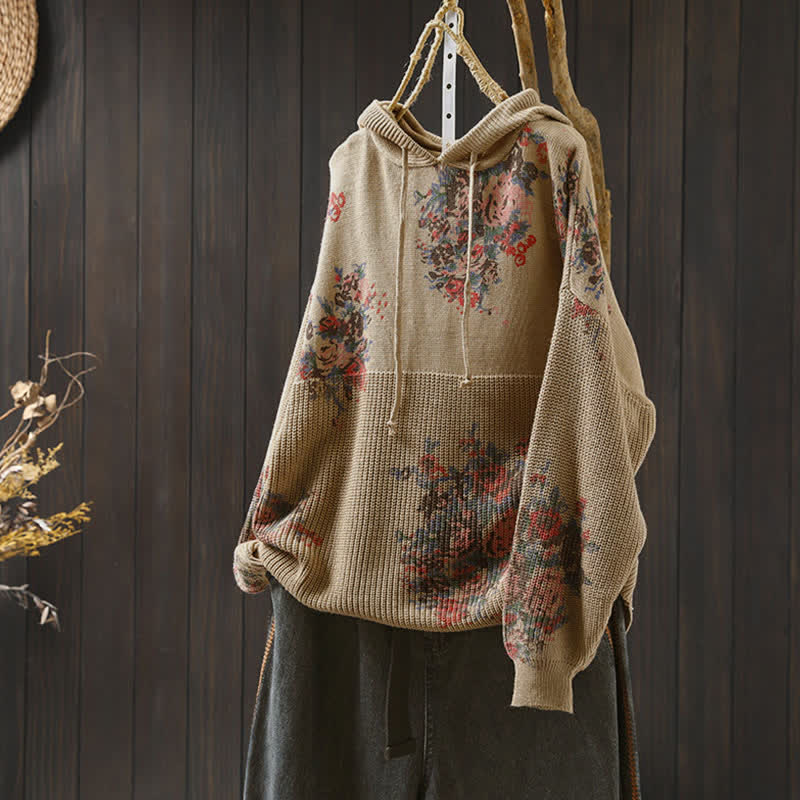 Rest Nest Women's Knitted Floral Long Sleeve Hooded Sweater