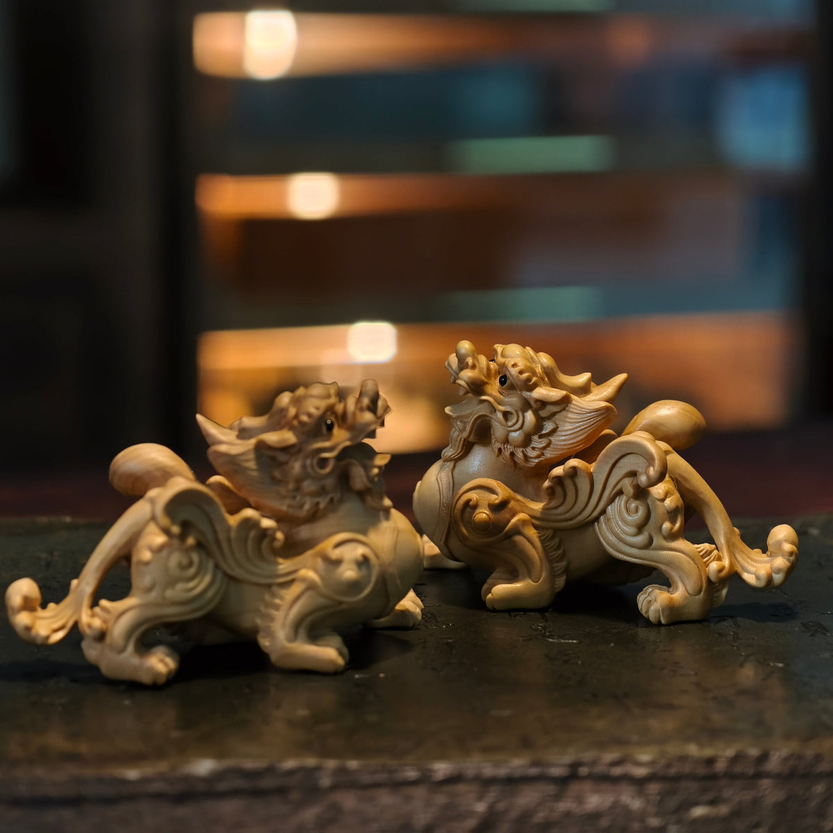 Winged Boxwood Pixiu Pair – Intricately Hand-Carved Guardians