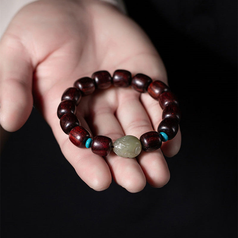 Hetian Jade Pixiu Bracelet with Xiaoye Zitan Wood Beads Handmade