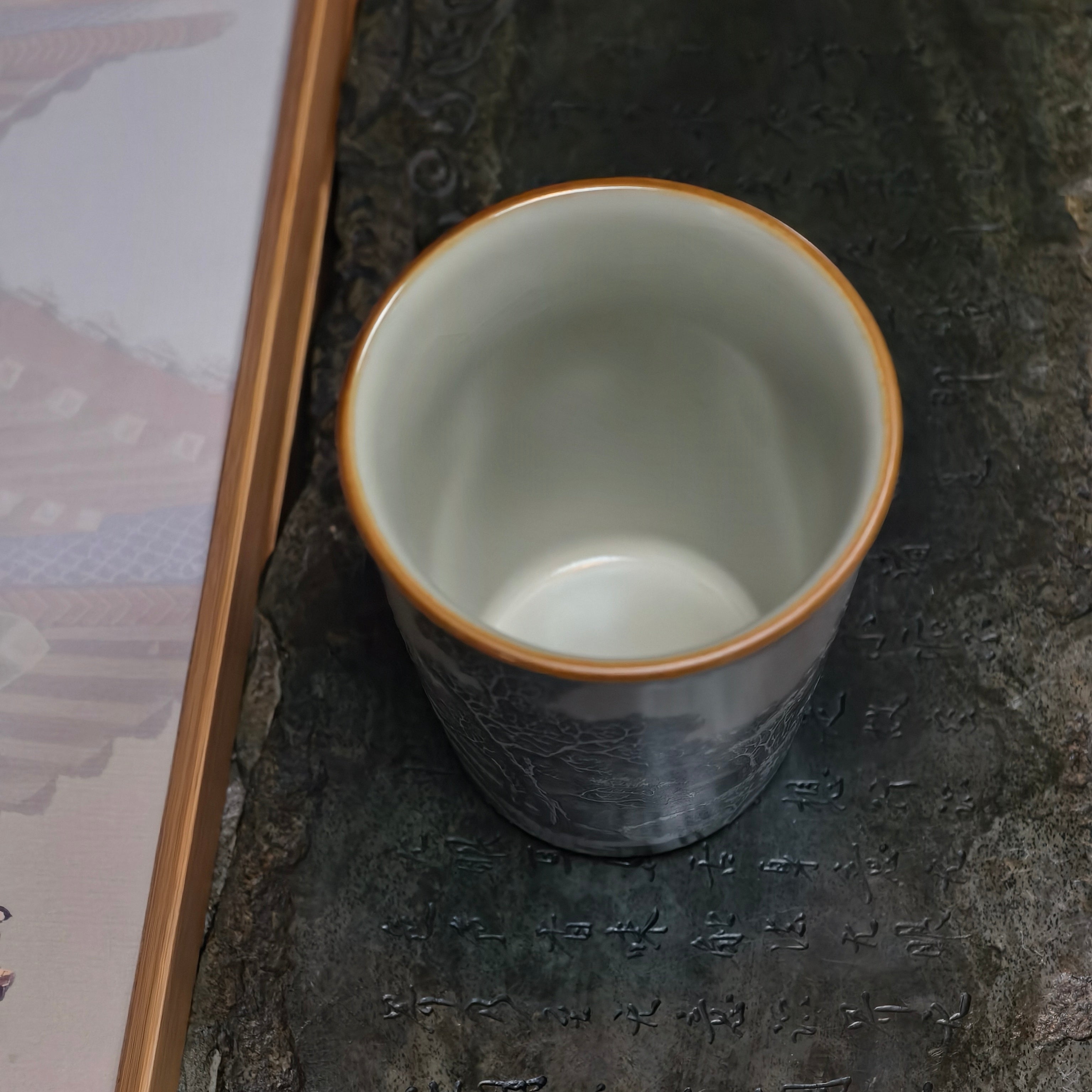 Winter Solitude Ru Ware Relief Cup – Mountain & River Landscape