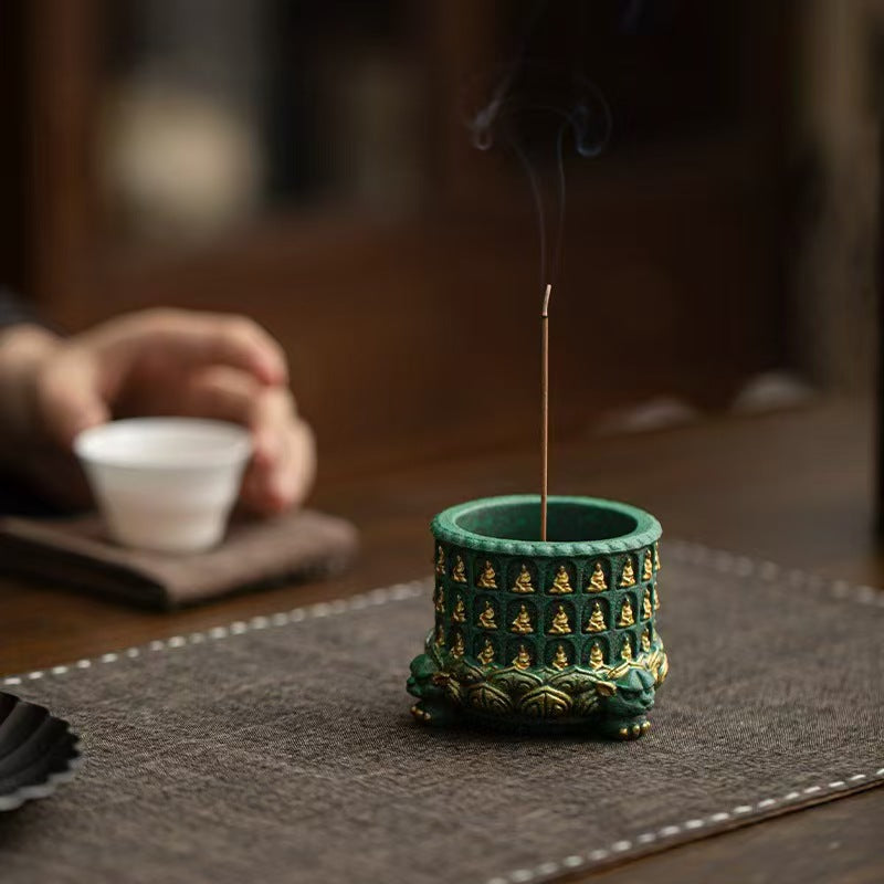 Thousand Buddha Lotus Gilded Incense Holder | Azure Sandstone Zen Decor