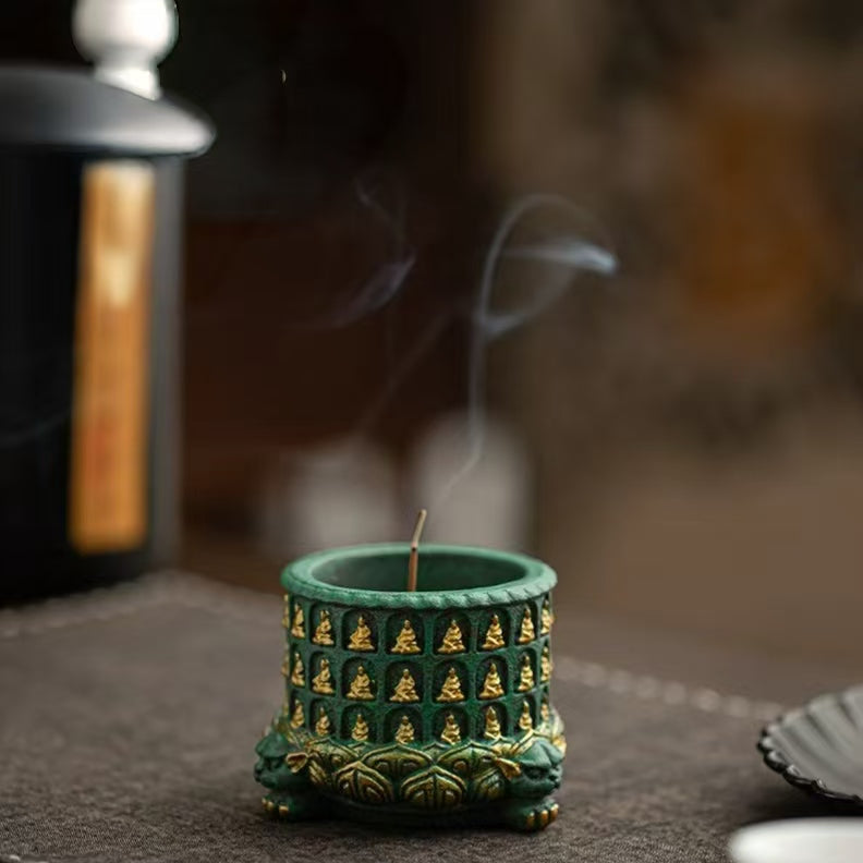 Thousand Buddha Lotus Gilded Incense Holder | Azure Sandstone Zen Decor