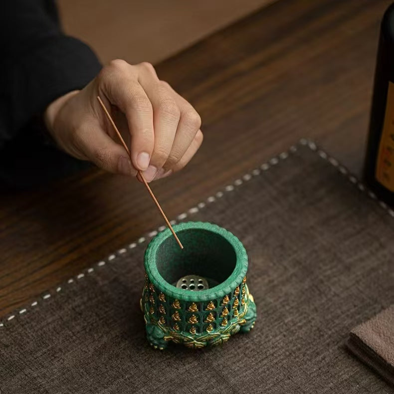 Thousand Buddha Lotus Gilded Incense Holder | Azure Sandstone Zen Decor
