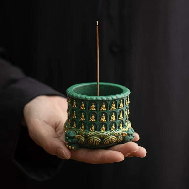 Thousand Buddha Lotus Gilded Incense Holder | Azure Sandstone Zen Decor