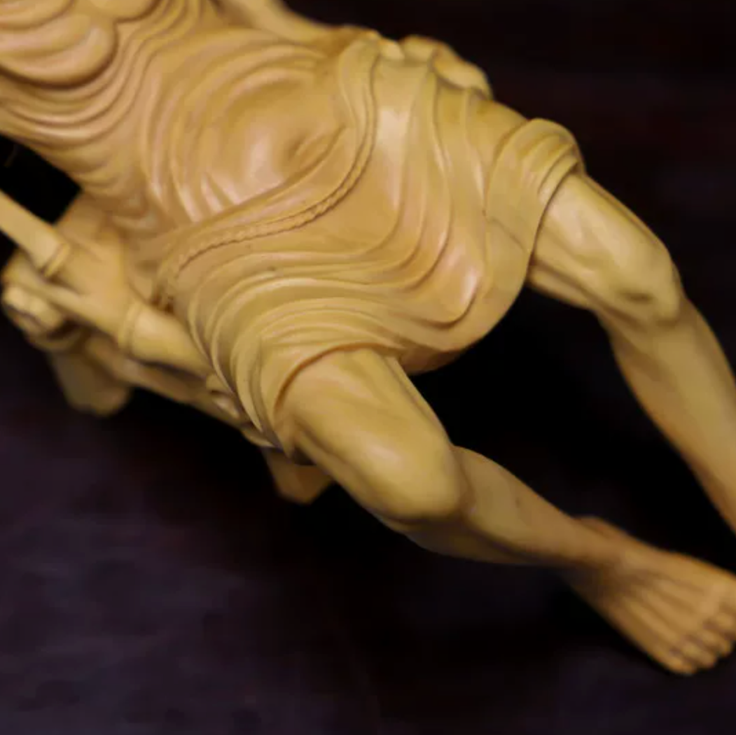 Hand-Carved Reclining Monk Sculpture – Natural Boxwood Wood Statue for Home Decor