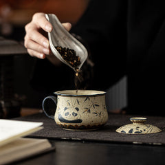 Panda & Bamboo — Hand-Painted Ceramic Mug with Lid
