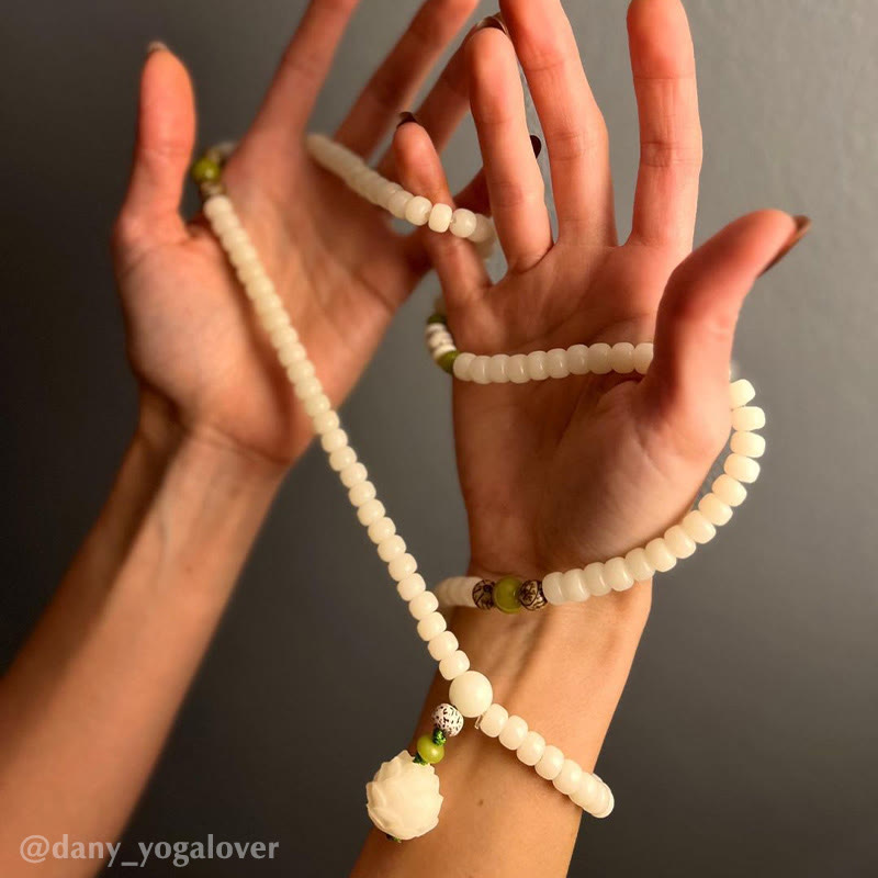 Rest Nest White Jade Bodhi Lotus Mala Harmony Necklace Bracelet