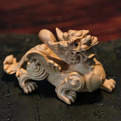 Winged Boxwood Pixiu Pair – Intricately Hand-Carved Guardians