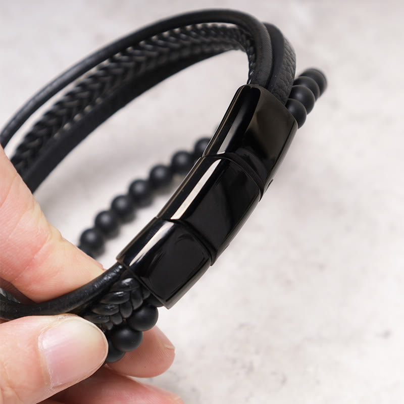 Rest Nest Natural Lava Rock Black Onyx Bead Leather Bracelet