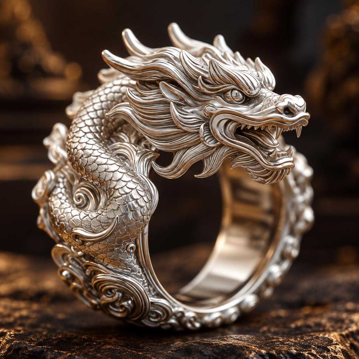 Exquisite 3D Dragon Ring – Intricate Carving & Ornate Silver-Tone Jewelry