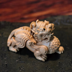 Boxwood Pixiu Statue Pair – Hand-Carved Coin Wealth Guardians