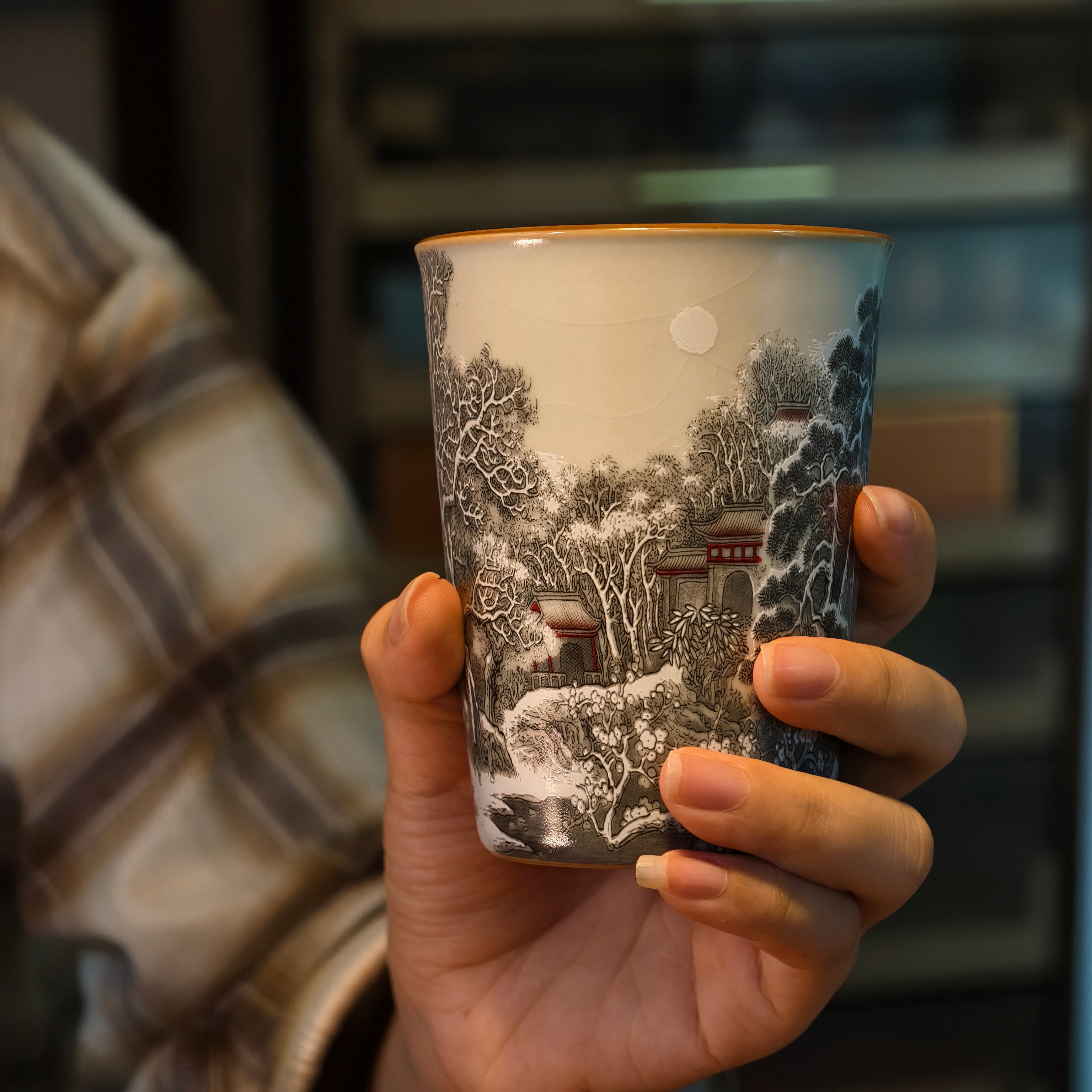 Winter Solitude Ru Ware Relief Cup – Mountain & River Landscape