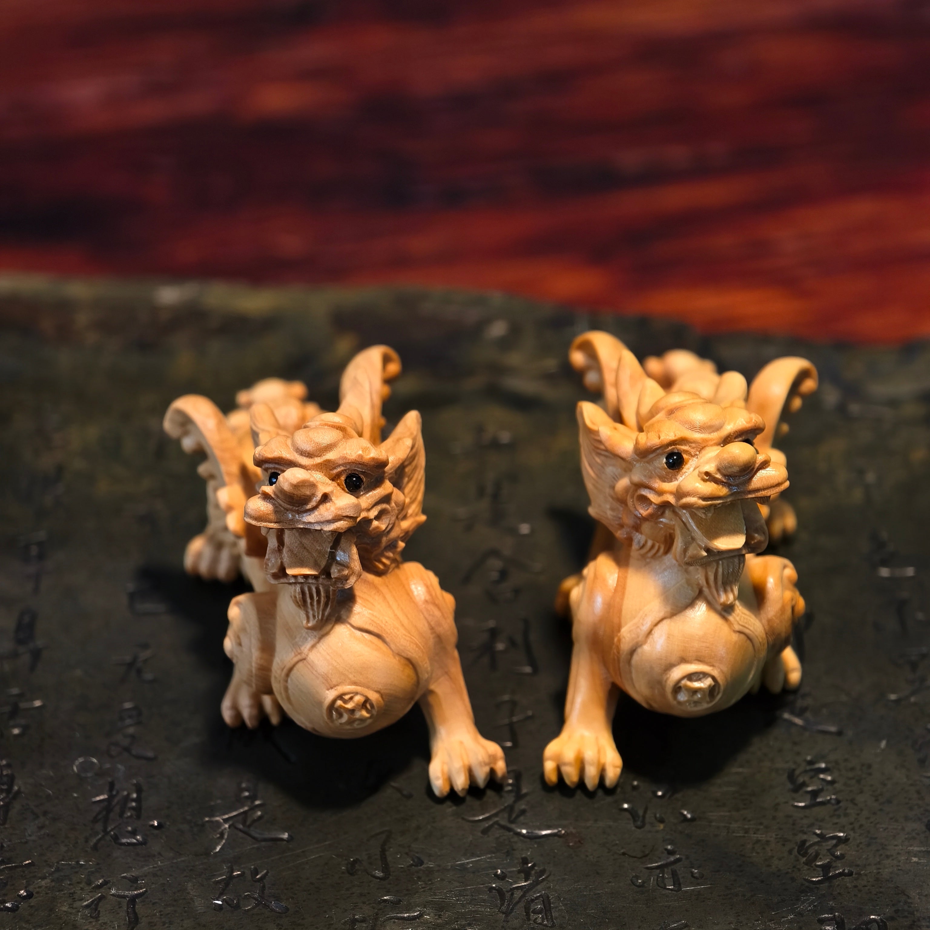 Winged Boxwood Pixiu Pair – Intricately Hand-Carved Guardians