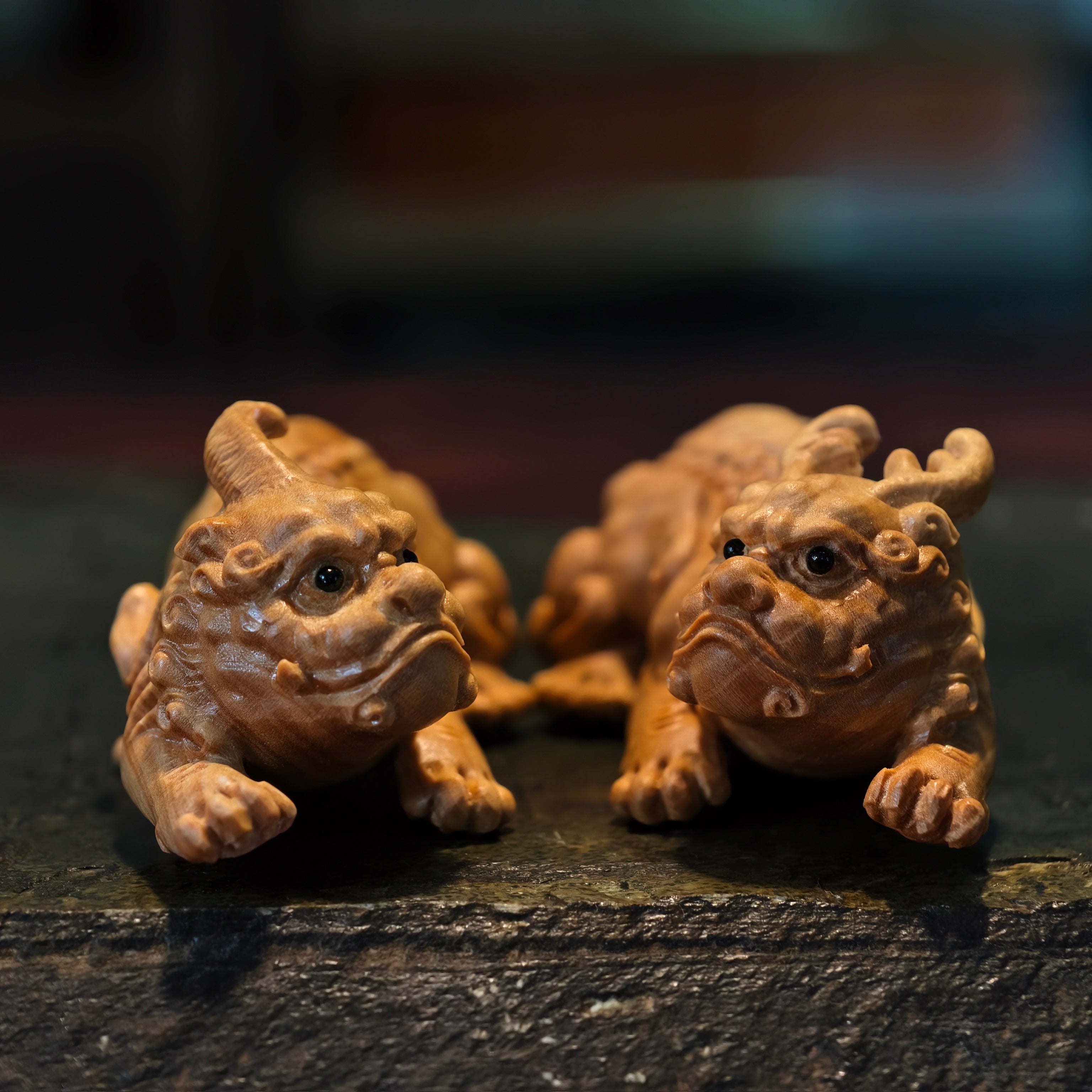 Boxwood Pixiu Pair – Hand-Carved Male & Female Wealth Guardians