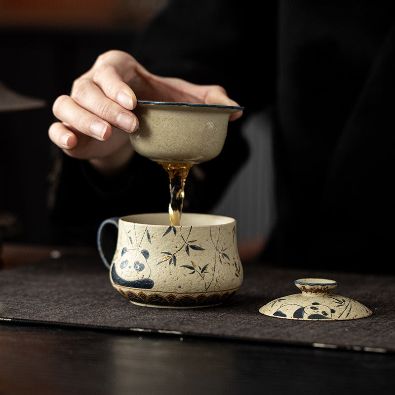 Panda & Bamboo — Hand-Painted Ceramic Mug with Lid
