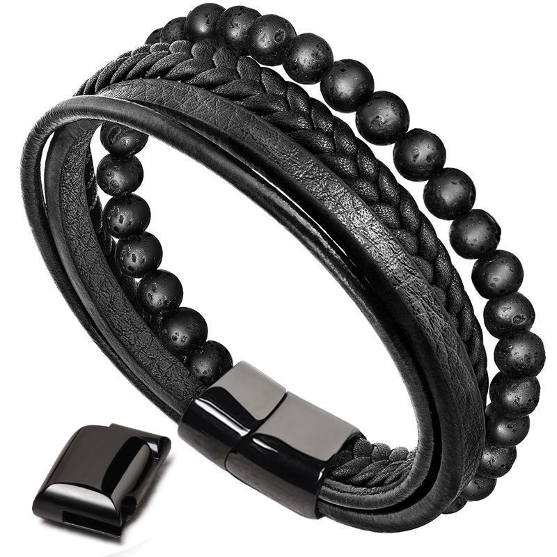Rest Nest Natural Lava Rock Black Onyx Bead Leather Bracelet