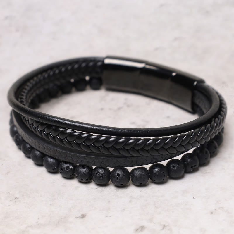 Rest Nest Natural Lava Rock Black Onyx Bead Leather Bracelet