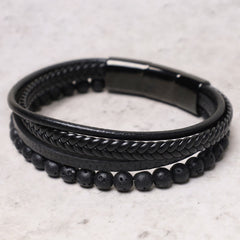 Rest Nest Natural Lava Rock Black Onyx Bead Leather Bracelet