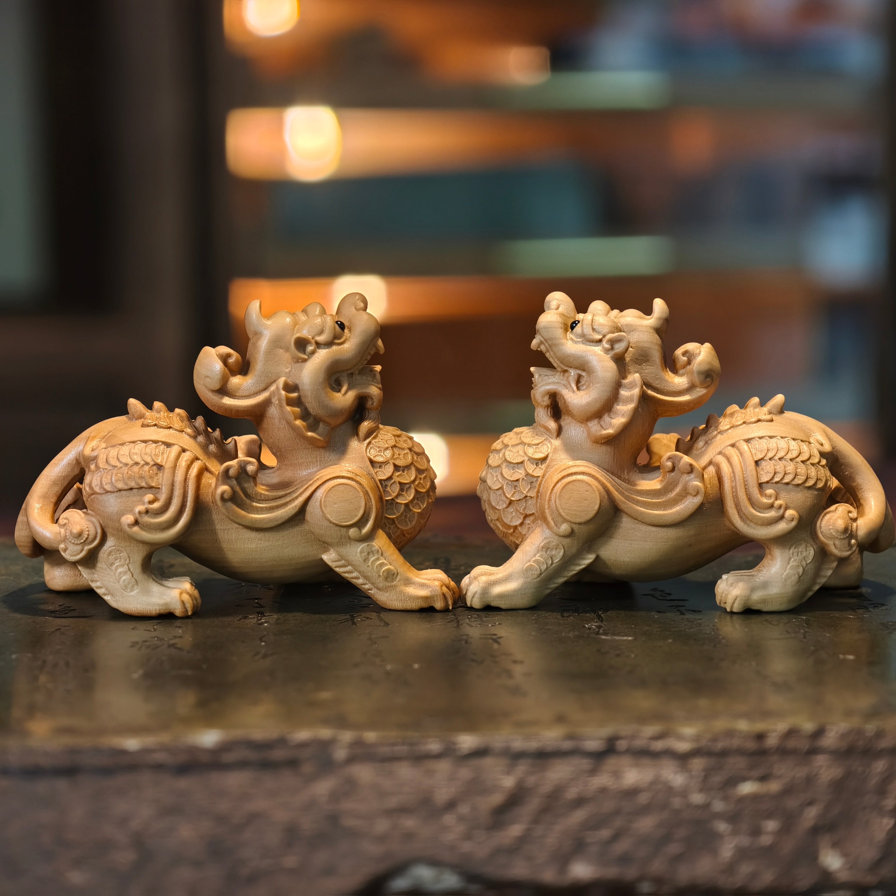 Boxwood Pixiu Statue Pair – Hand-Carved Coin Wealth Guardians