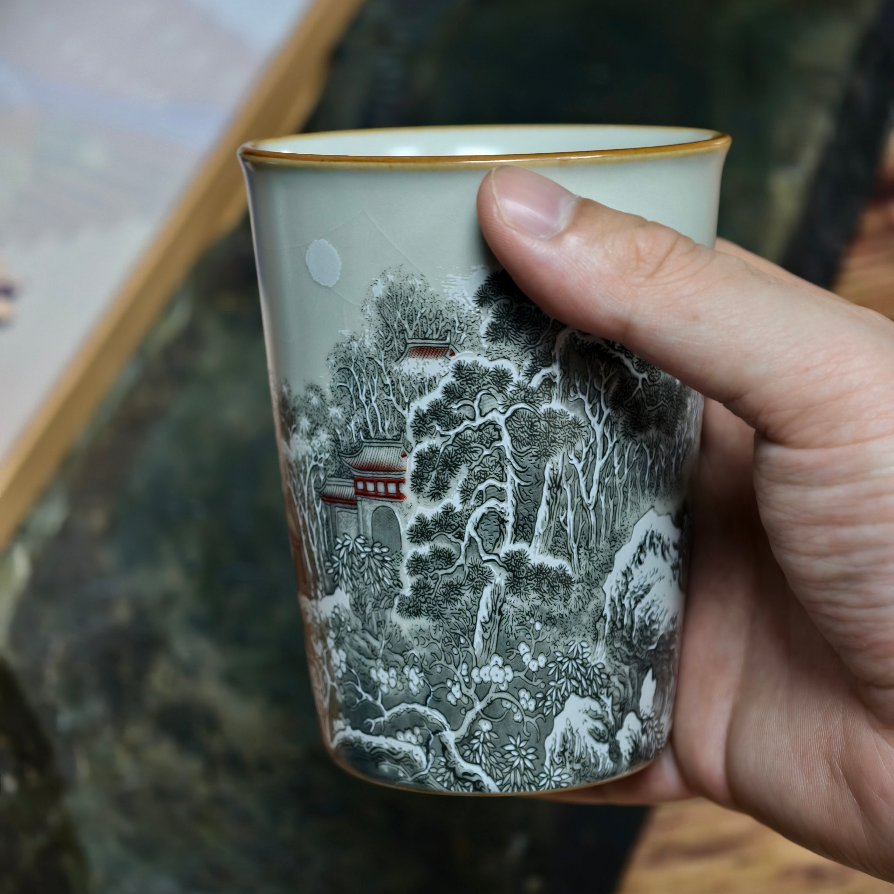 Winter Solitude Ru Ware Relief Cup – Mountain & River Landscape