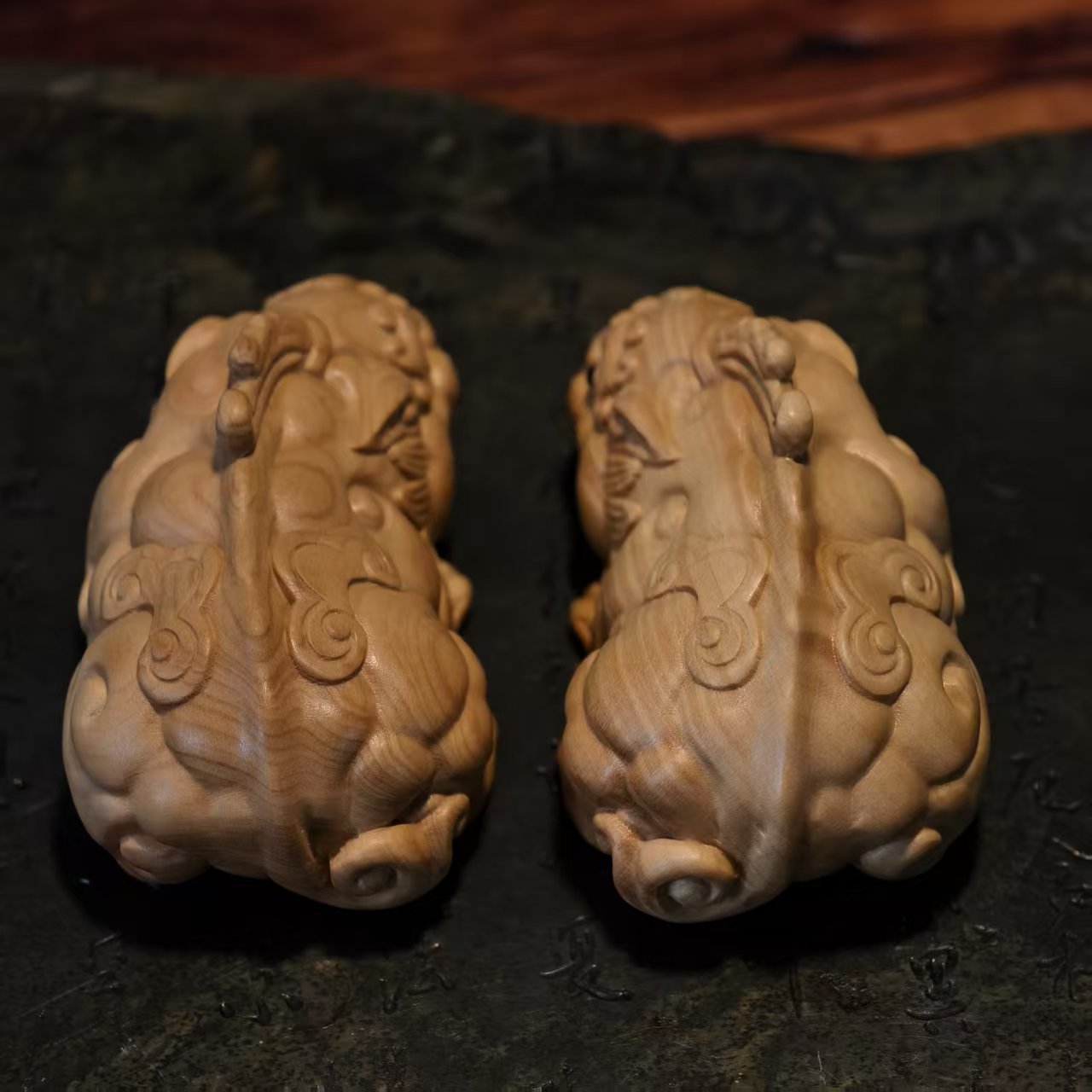 Boxwood Pixiu Pair – Hand-Carved Crouching Wealth Guardians