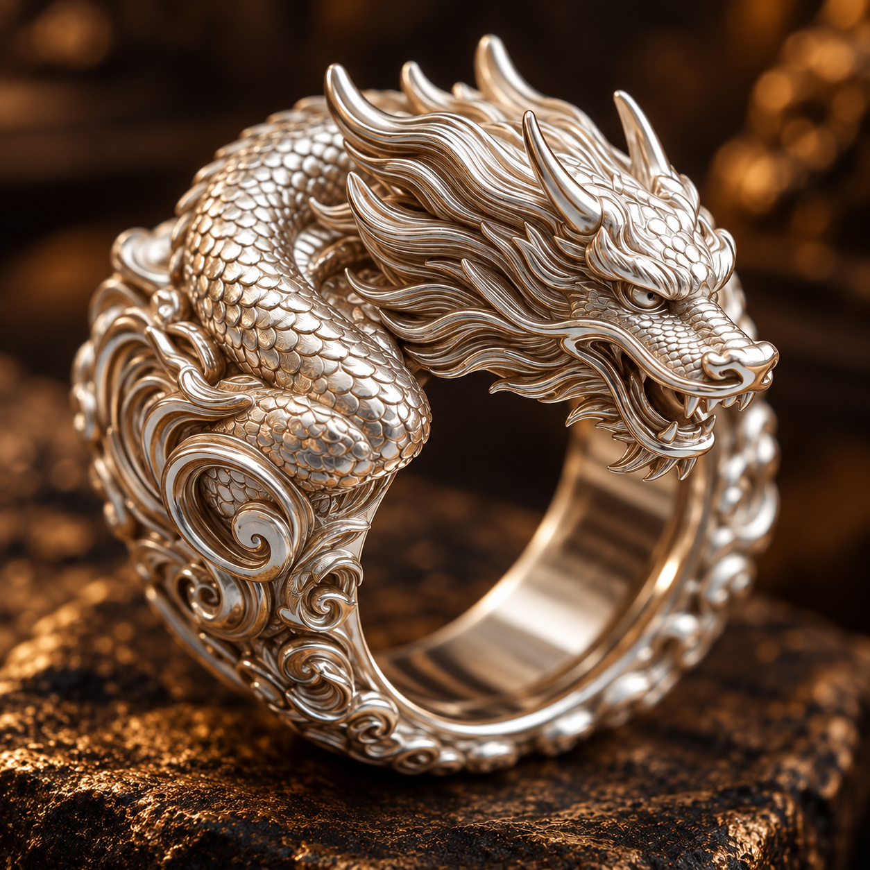 Exquisite 3D Dragon Ring – Intricate Carving & Ornate Silver-Tone Jewelry