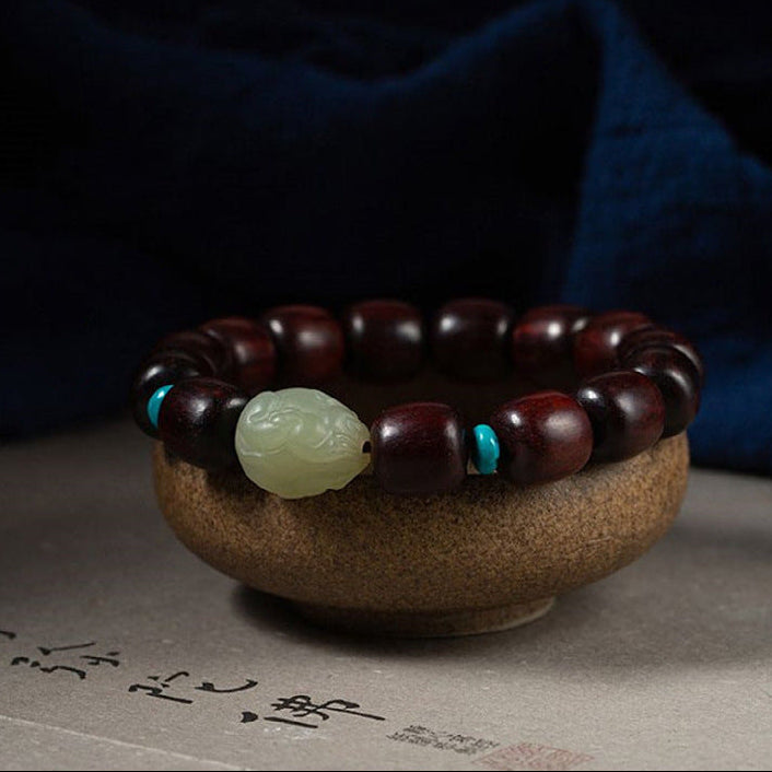 Hetian Jade Pixiu Bracelet with Xiaoye Zitan Wood Beads Handmade