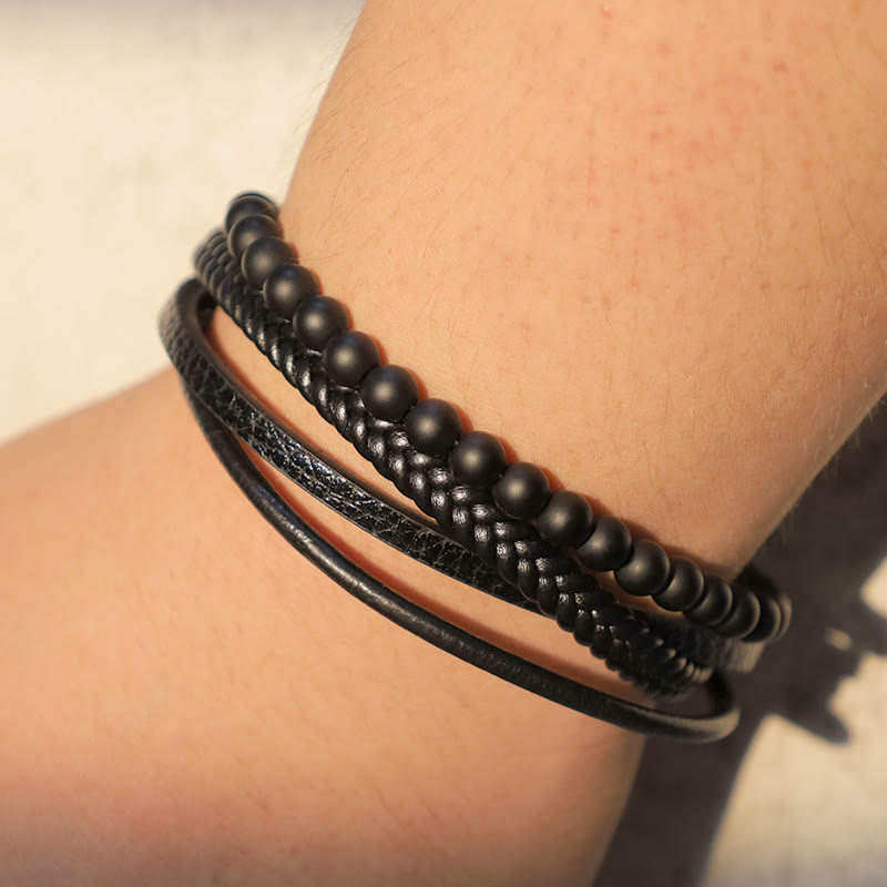 Rest Nest Natural Lava Rock Black Onyx Bead Leather Bracelet