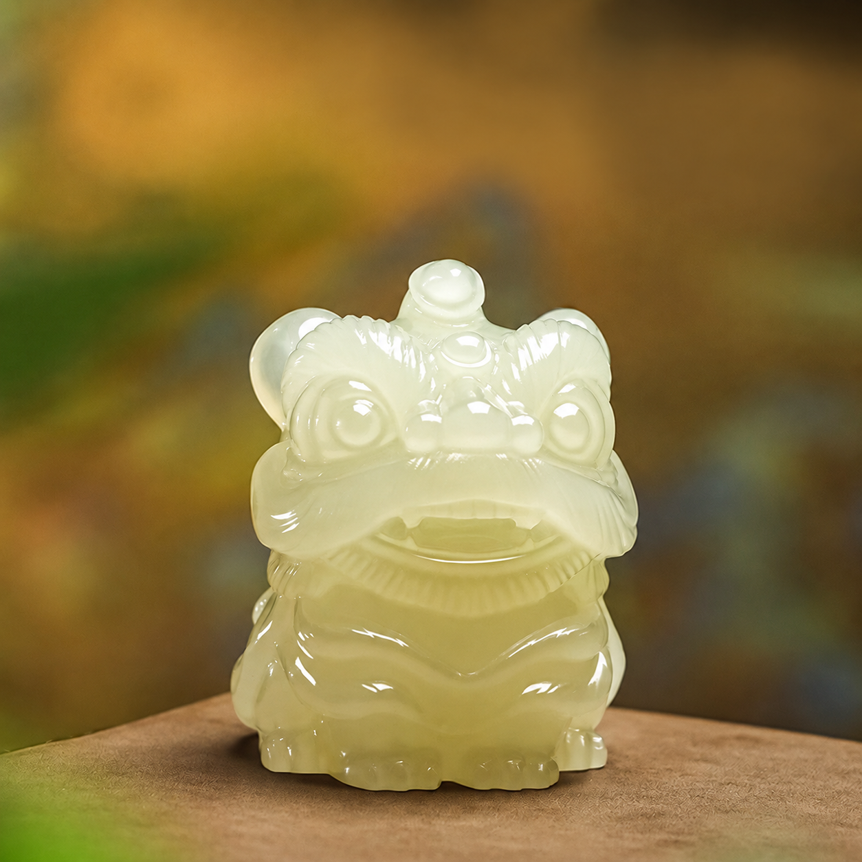 Natural Jade Awakening Lion Ornament – Hand-Carved Feng Shui Guardian