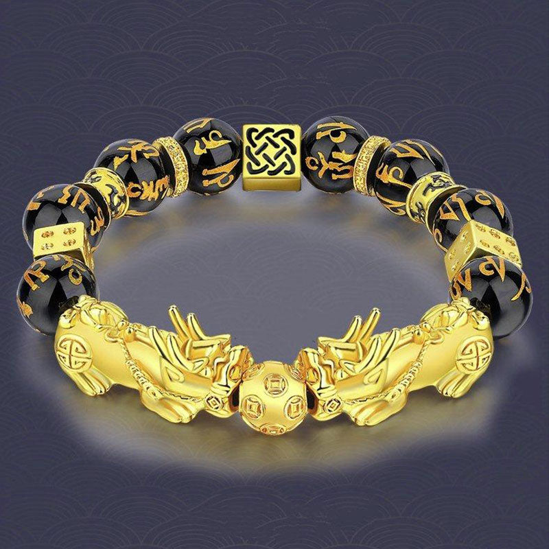 Rest Nest FengShui Double PiXiu Obsidian Om Mani Padme Hum Wealth Bracelet