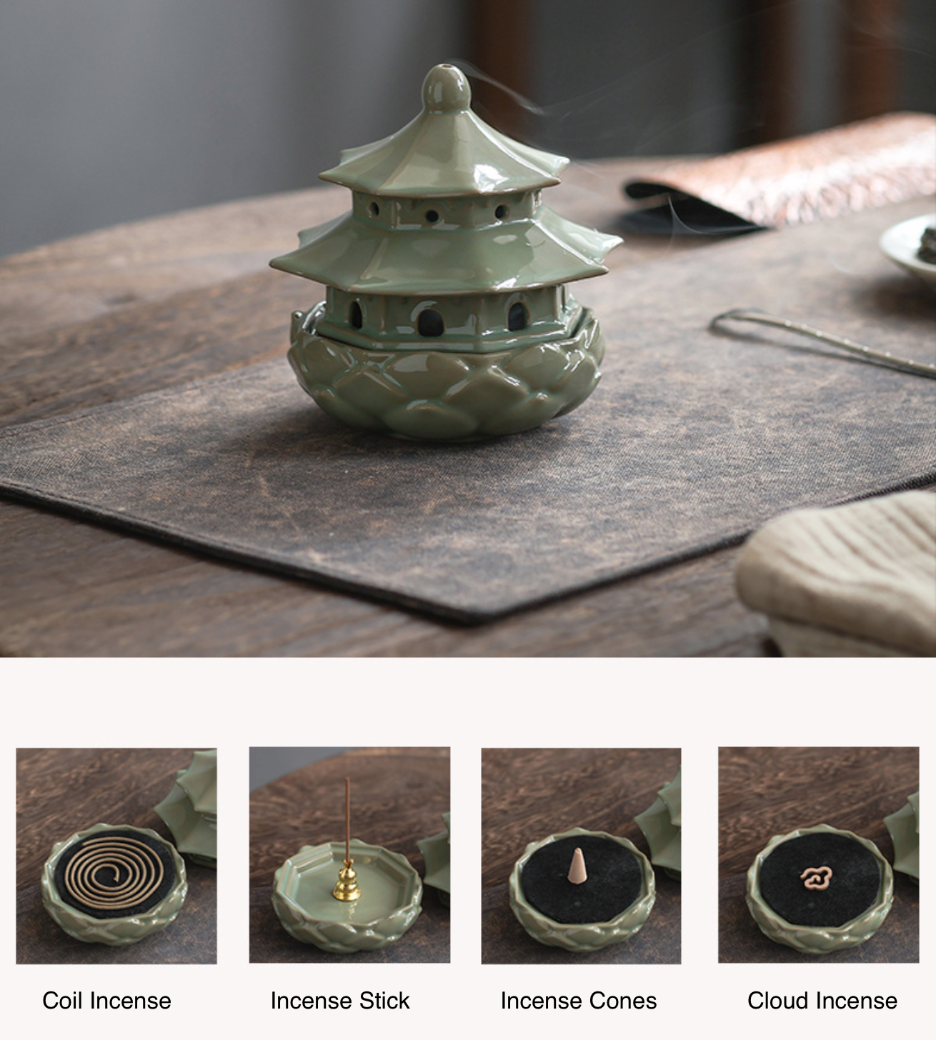 Lotus Pagoda Ceramic Incense Burner – Multi-Use Incense Holder for Sticks, Cones & Coils