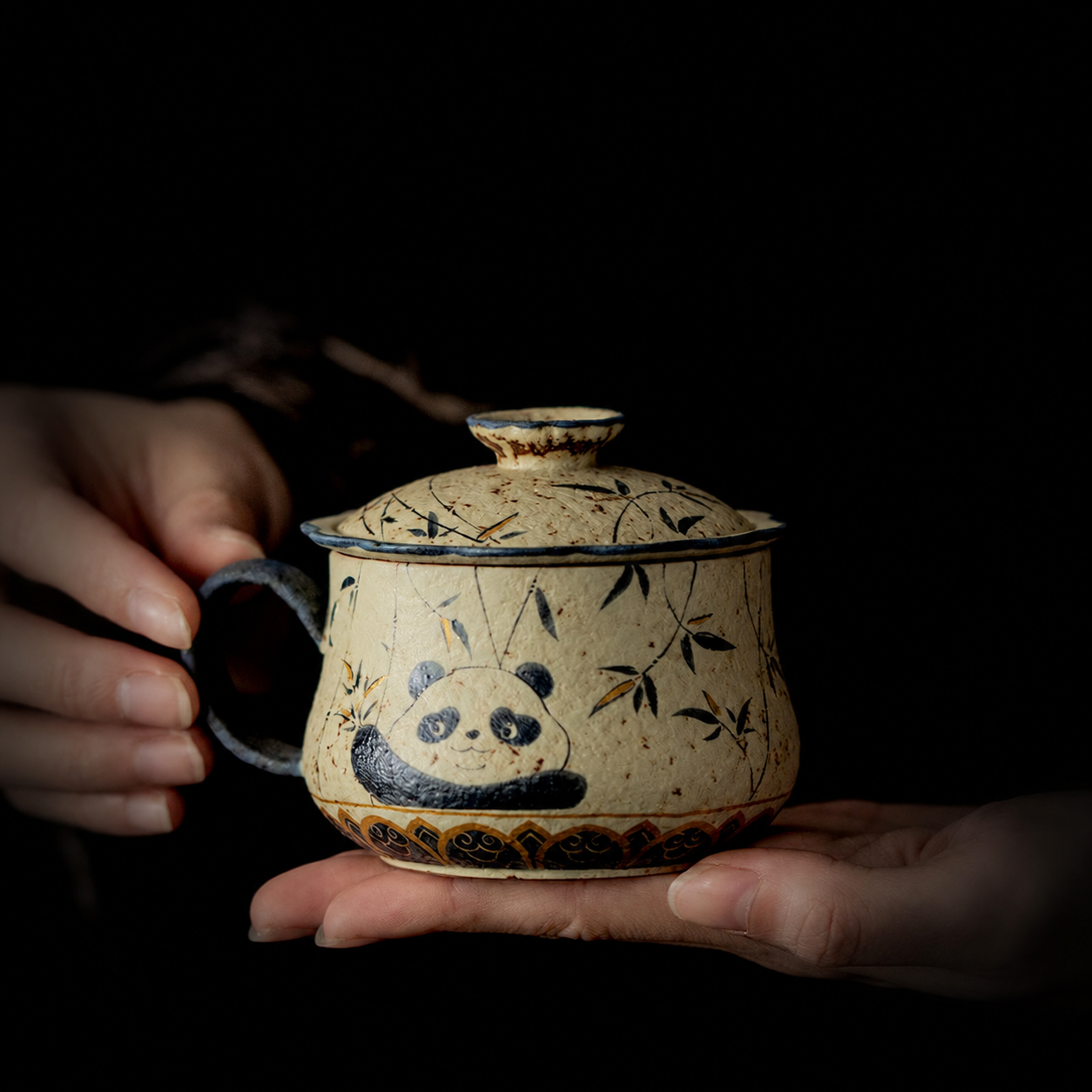 Panda & Bamboo — Hand-Painted Ceramic Mug with Lid