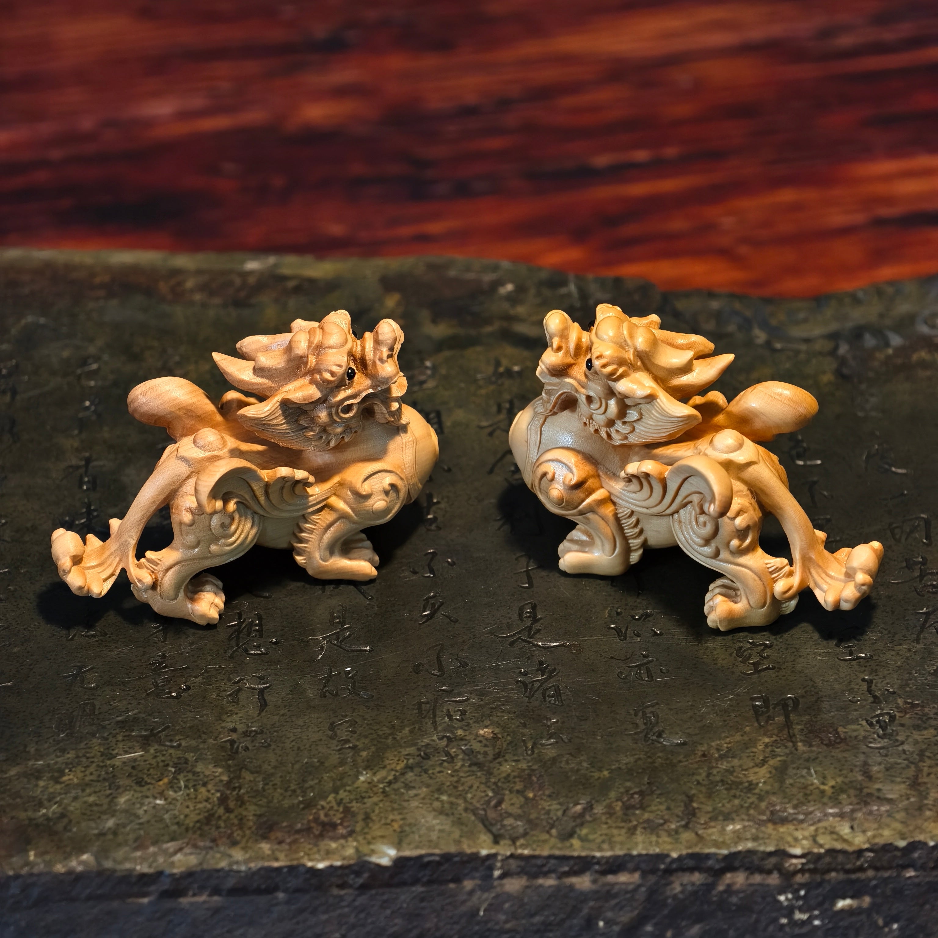 Winged Boxwood Pixiu Pair – Intricately Hand-Carved Guardians