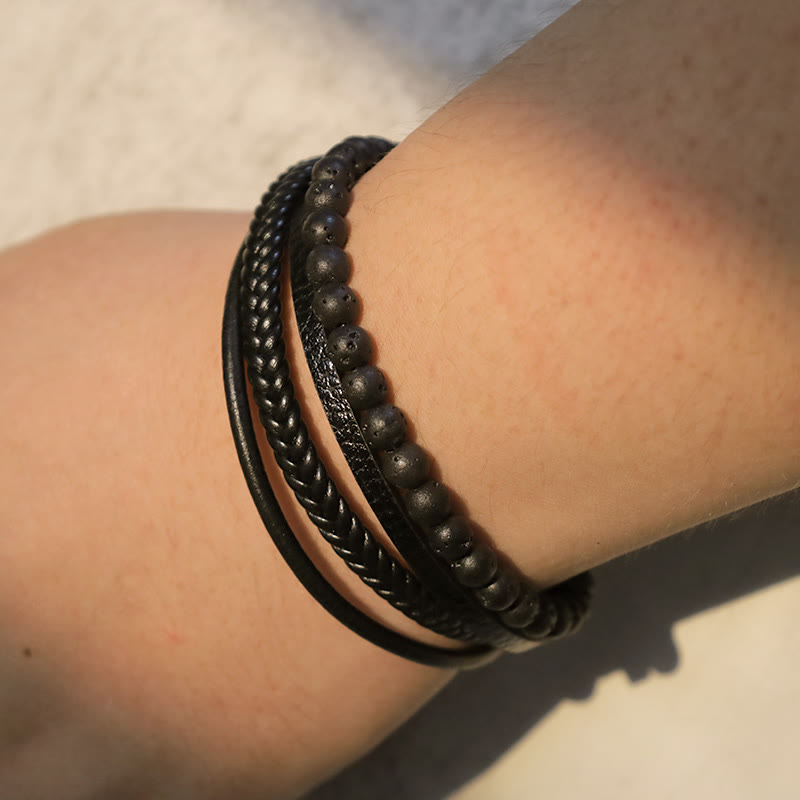 Rest Nest Natural Lava Rock Black Onyx Bead Leather Bracelet