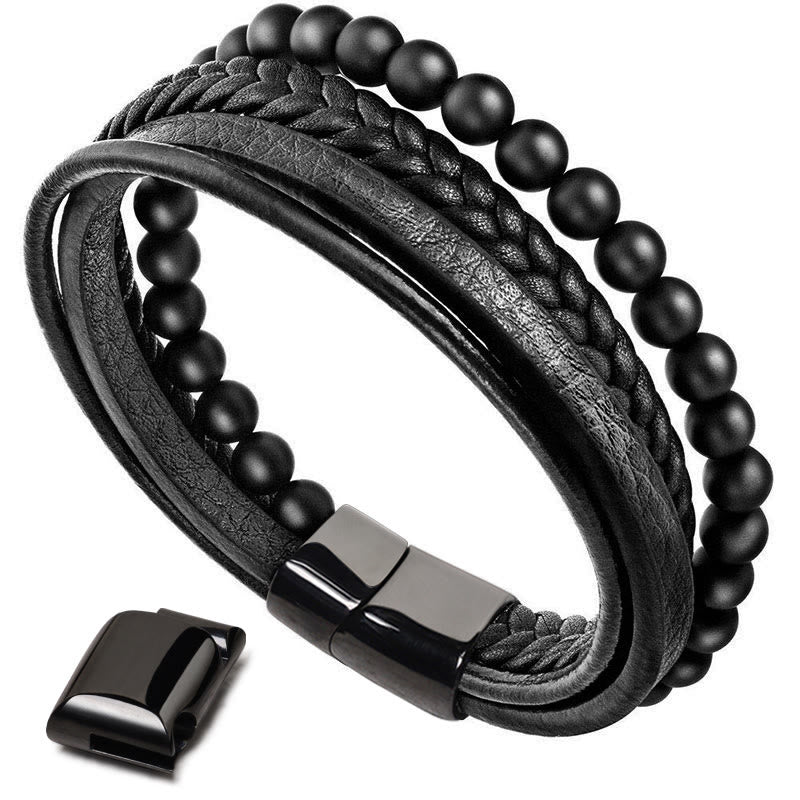 Rest Nest Natural Lava Rock Black Onyx Bead Leather Bracelet