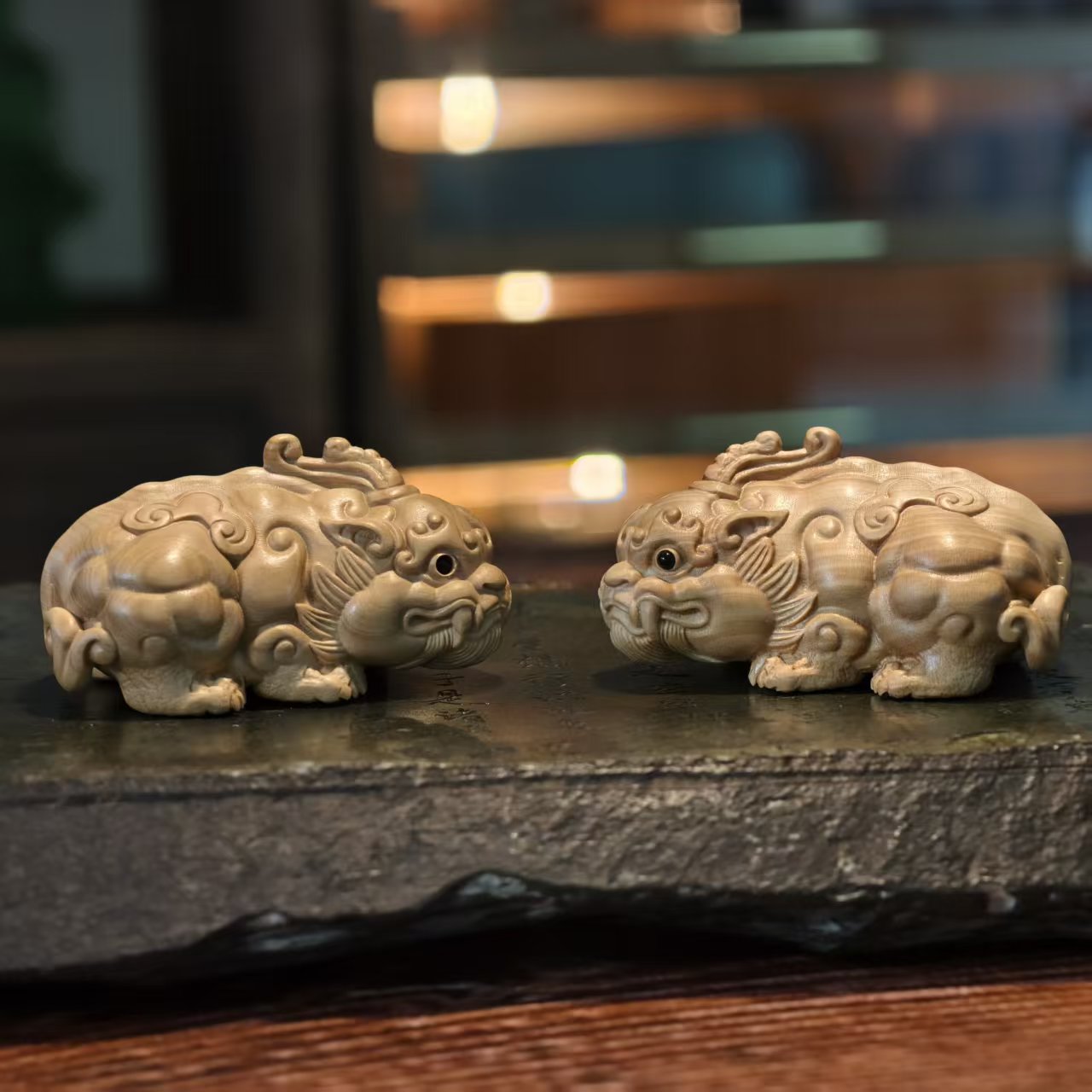 Boxwood Pixiu Pair – Hand-Carved Crouching Wealth Guardians