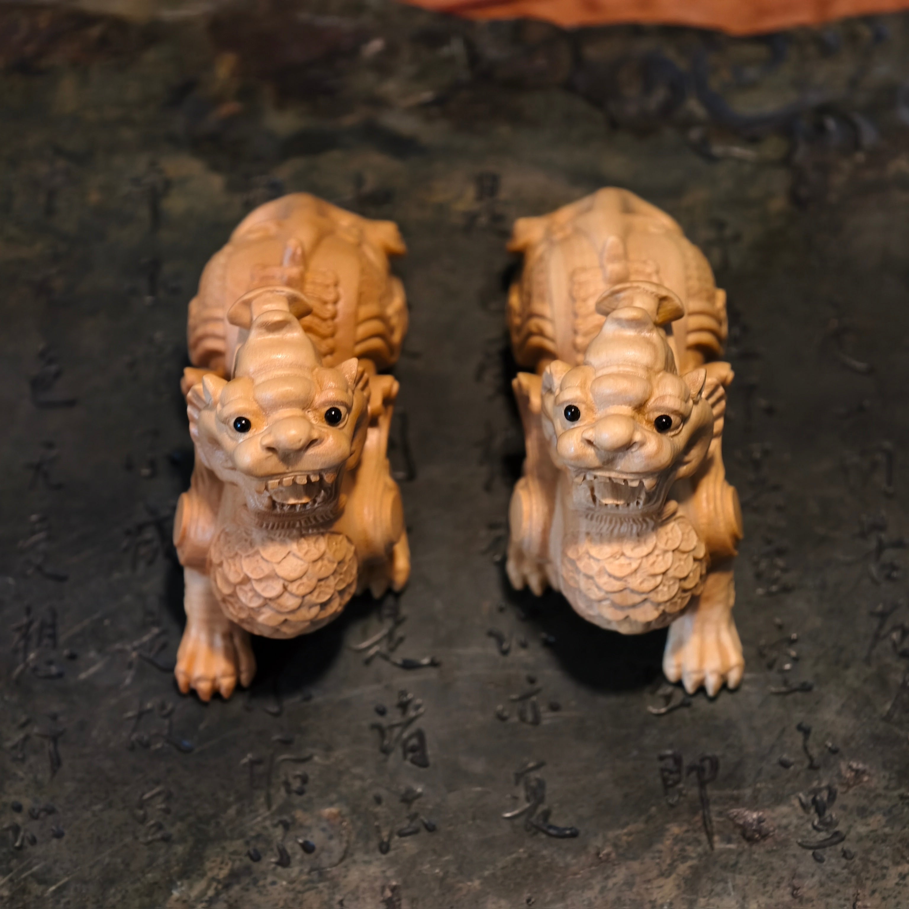 Boxwood Pixiu Statue Pair – Hand-Carved Coin Wealth Guardians