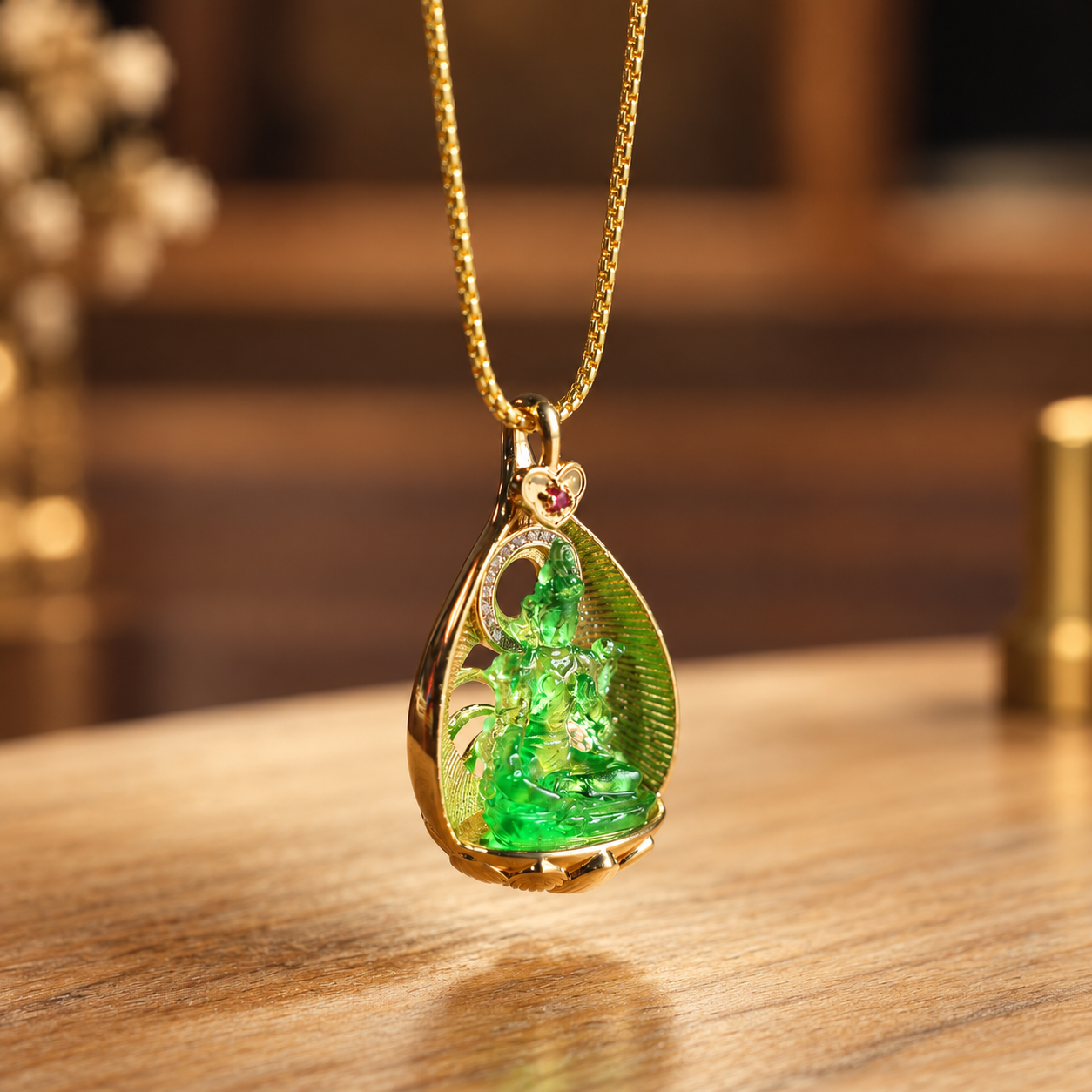 Green Tara Liu Li Glass Pendant – Copper Zircon Amulet Necklace
