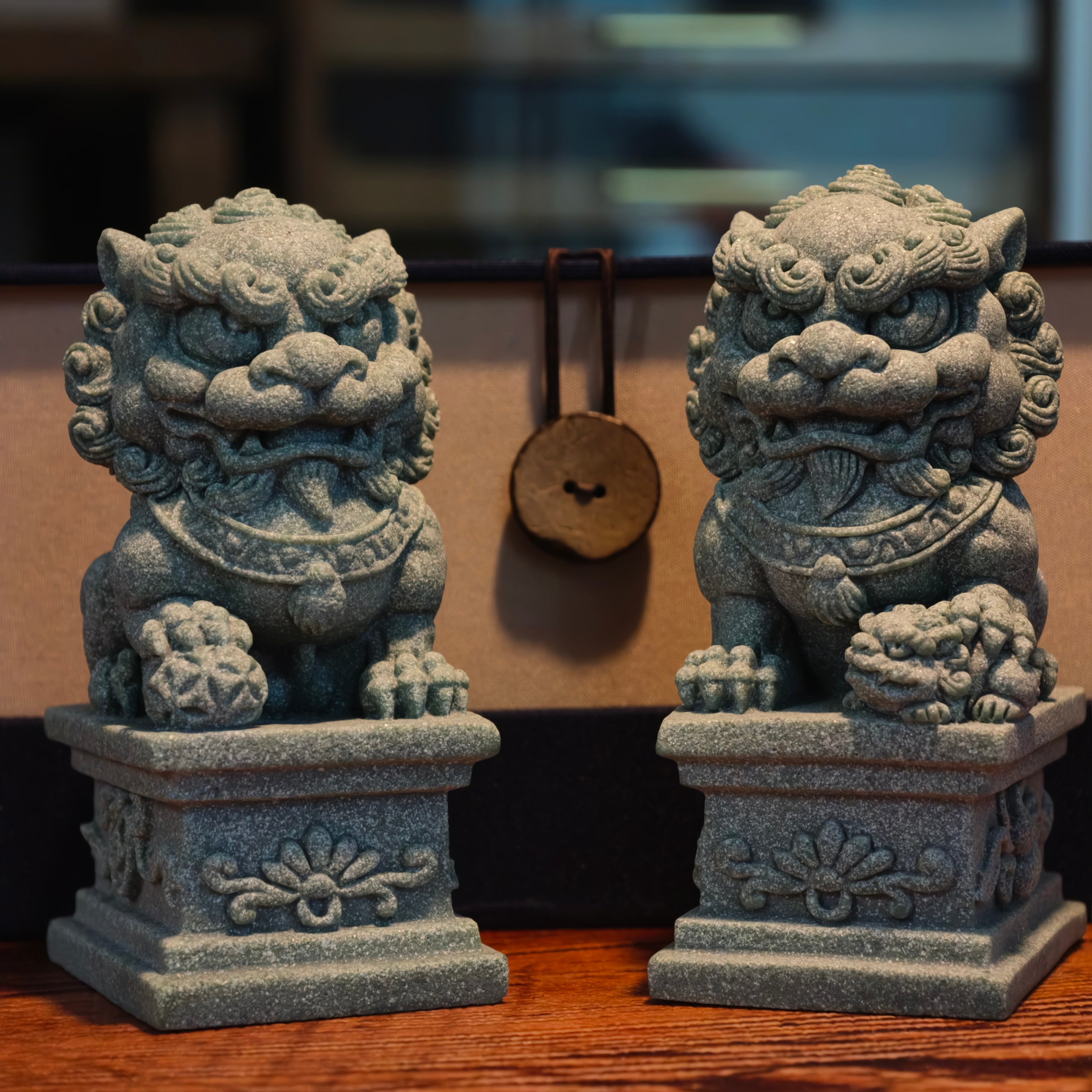 The Silent Guardians – Natural Qing Sandstone Foo Dog Statues, Set of 2 - ShaolinMart