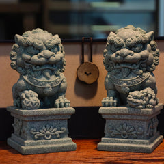The Silent Guardians – Natural Qing Sandstone Foo Dog Statues, Set of 2 - ShaolinMart